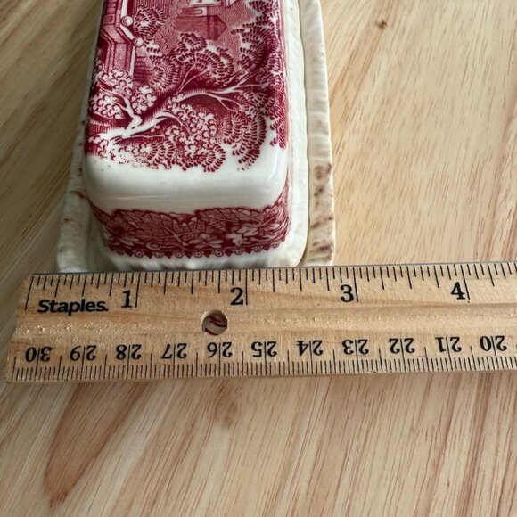Vintage Masons Vista Red Pink Ironstone Covered Butter Dish England Landscape - Picture 12 of 12